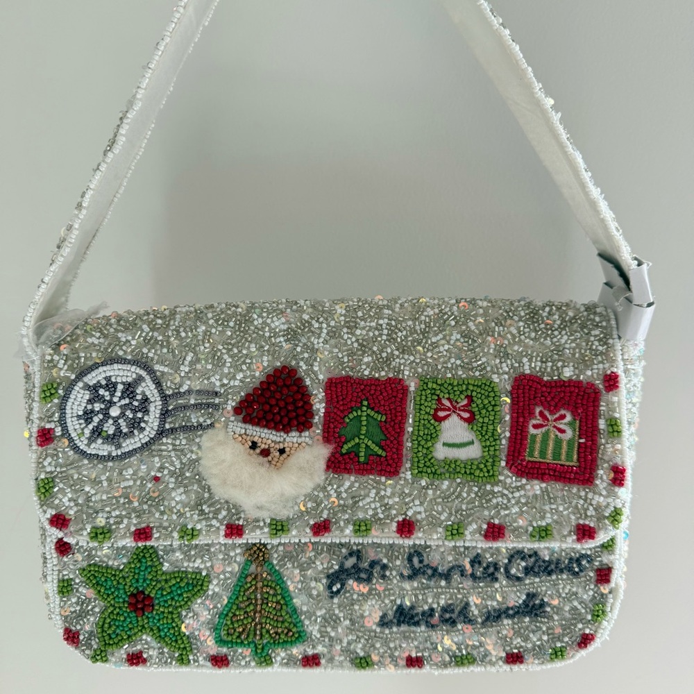 NWT Festive Christmas Santa Clause Beaded Shoulder Bag